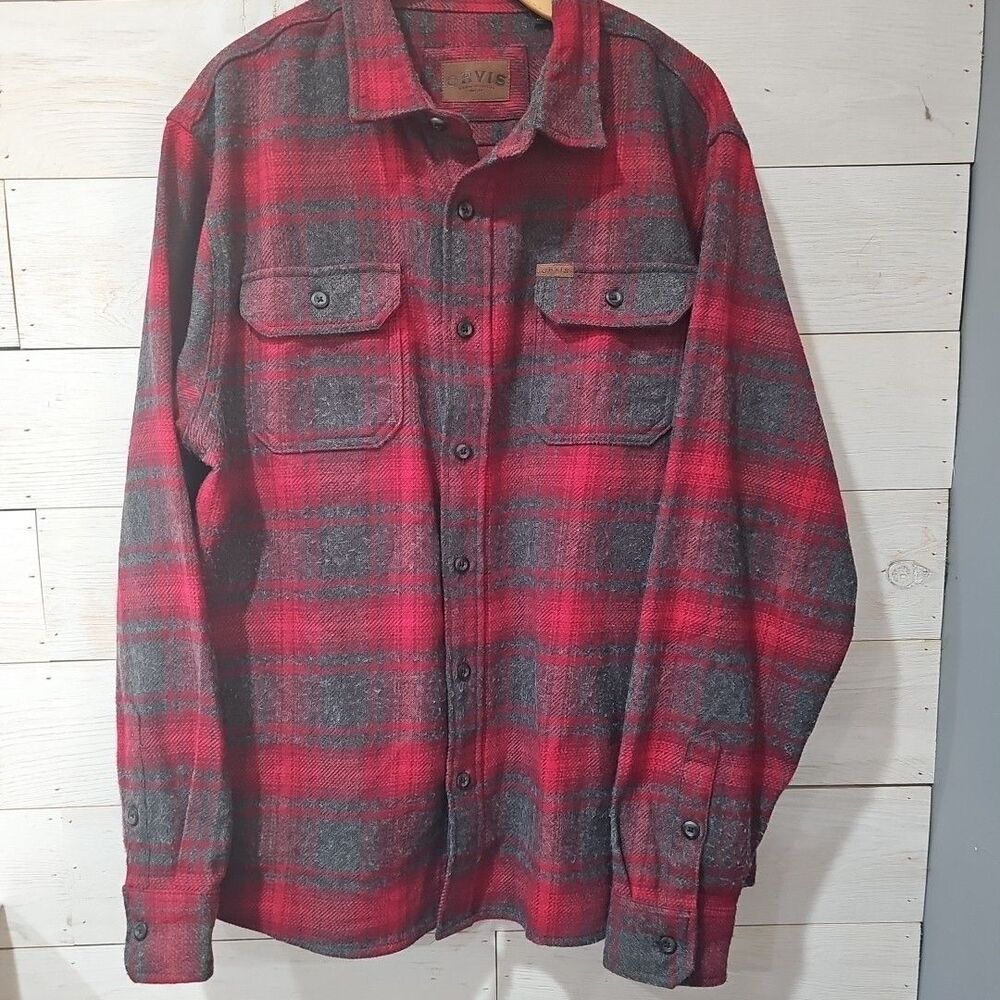 ORVIS Men L Red Gray Plaid Heavy Flannel Shirt Jacket Cotton Blend Button Pocket